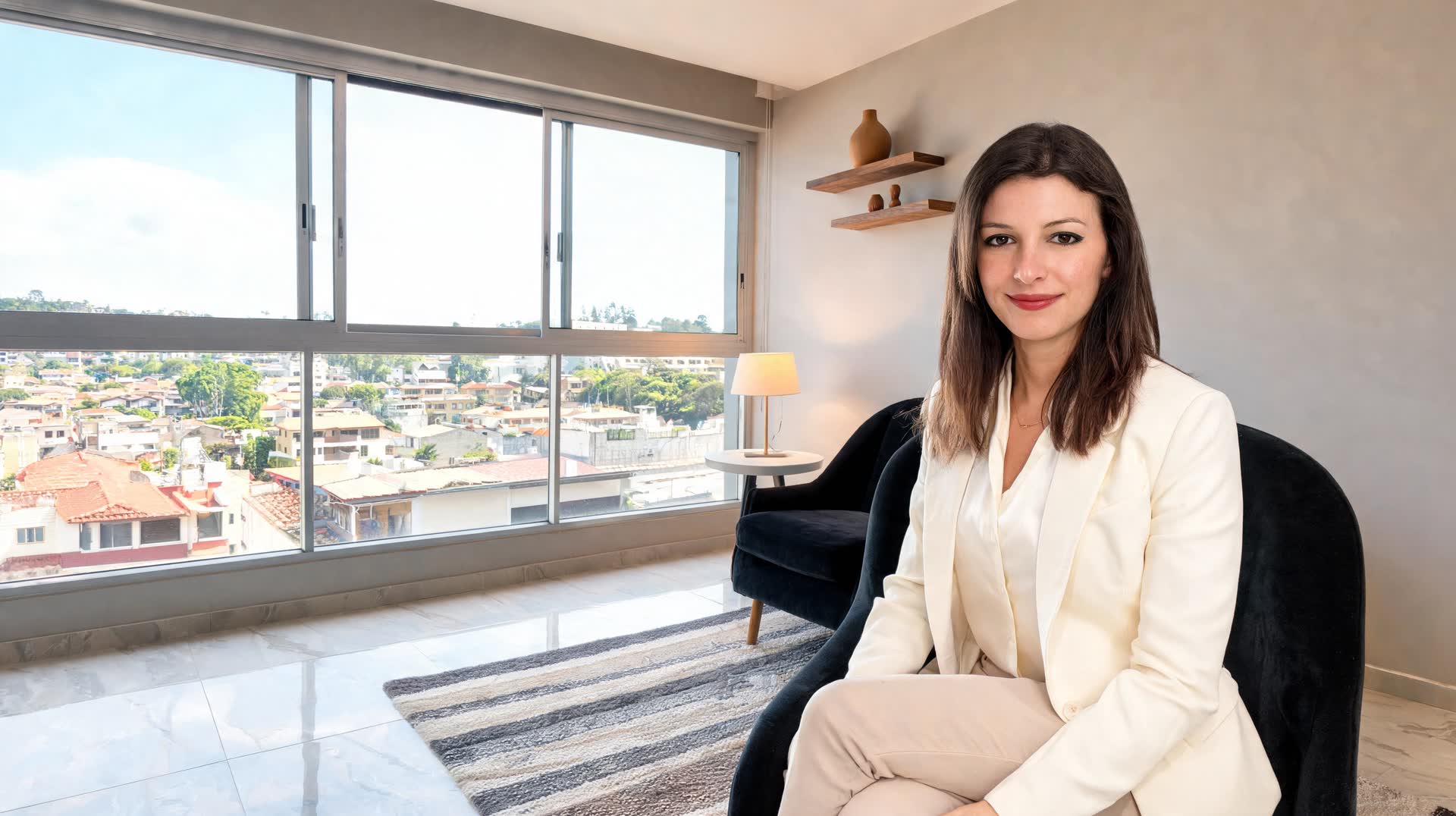Psicóloga Inara Rezende de Oliveira sentada em poltrona no consultório em Jataí, com janelas e vista para a cidade